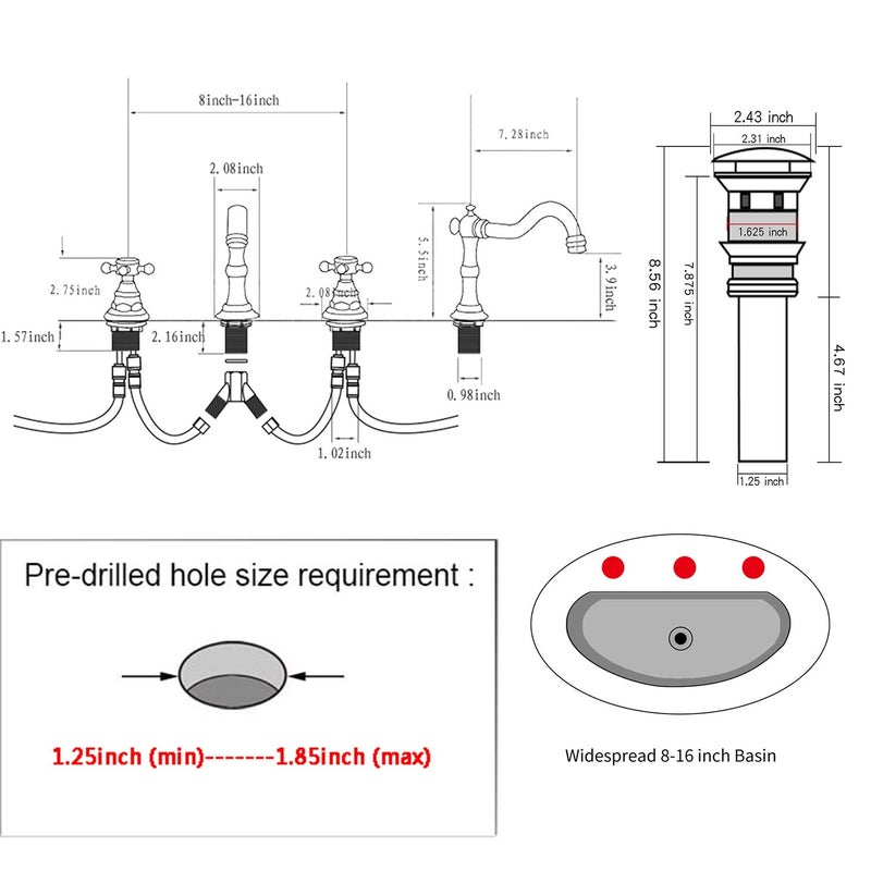 GGStudy 8-16 inch Two Handles 3 Holes Widespread Bathroom Sink Faucet Copper Basin Mixer Tap Faucet Matching Metal Pop Up Drain with Overflow - Image 2